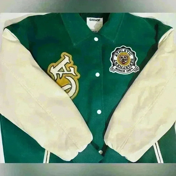 Garage | Varsity Jacket, Size M/L, Green with ivory white faux leather sleeves - Picture 5 of 10